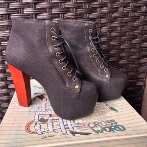 Women’s Black Lace-Up Platform Ankle Boots with Red Block Heel